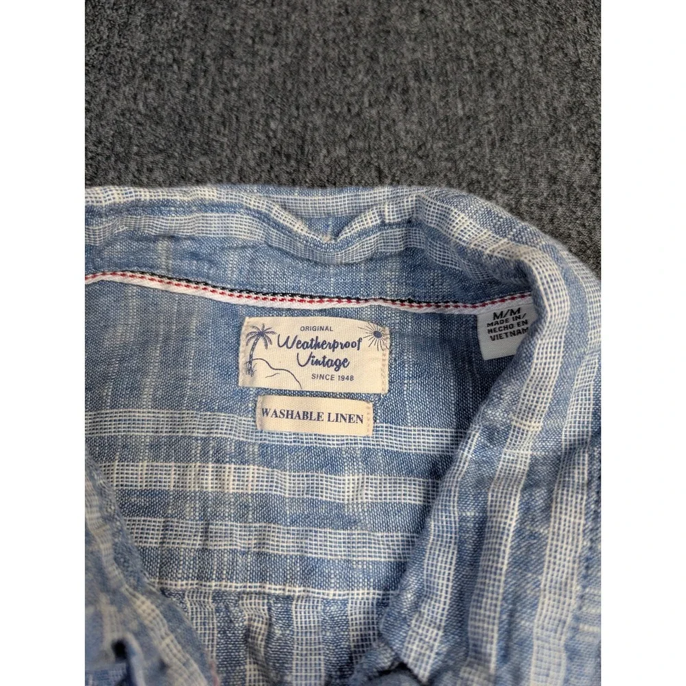 Weatherproof Vintage Mens Blue White Striped Washable Linen Shirt Medium SS‎